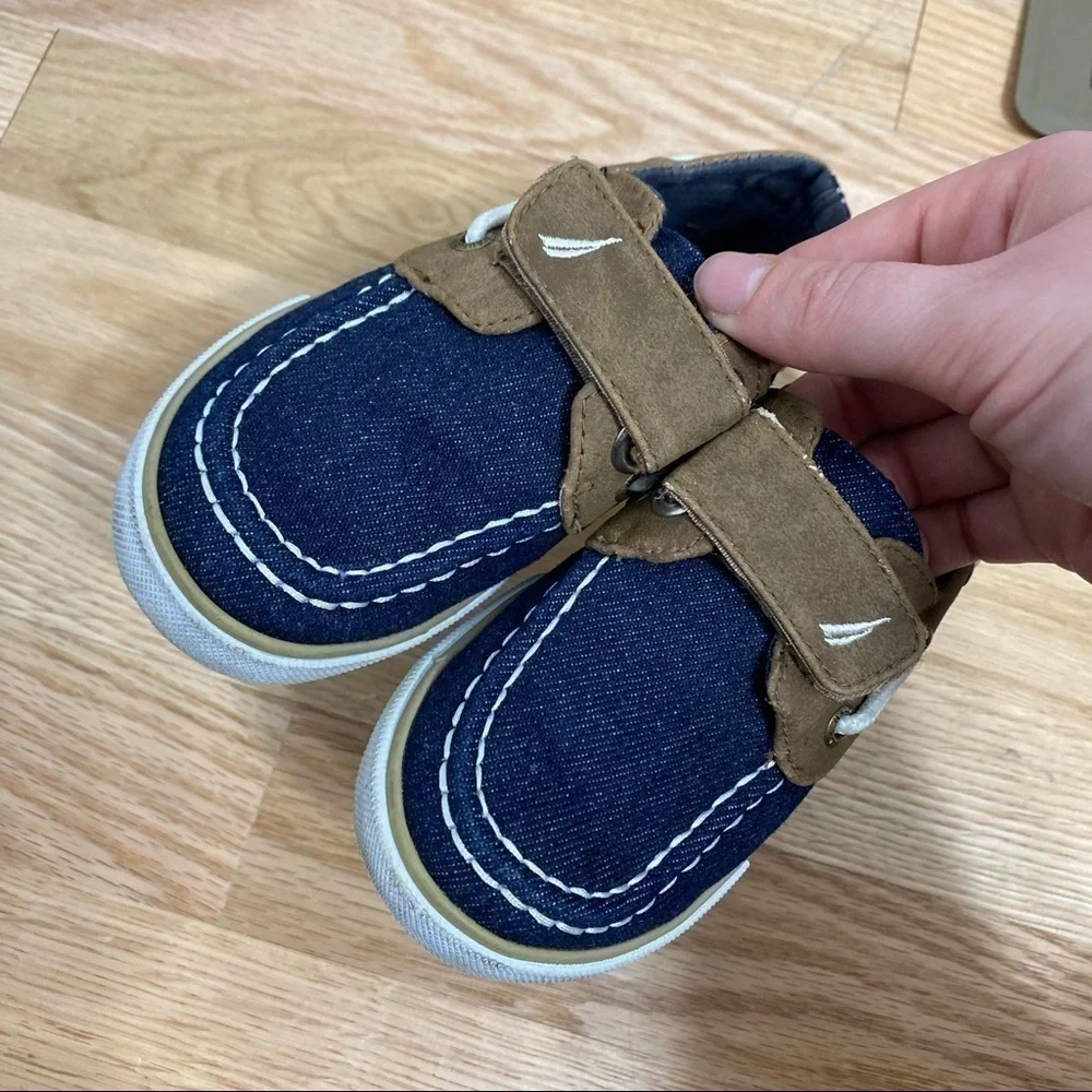 Nautica Boat Shoes Denim Blue Brown Sz 8 Kids Boys